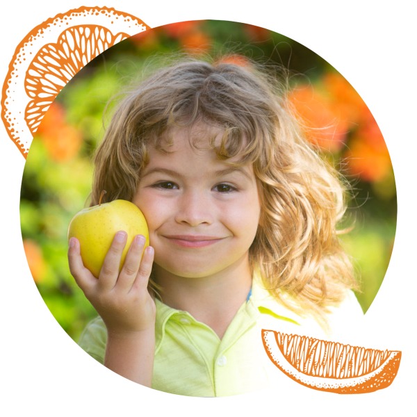 Picture of girl holding apple, with Citrus fruit illustration in the background